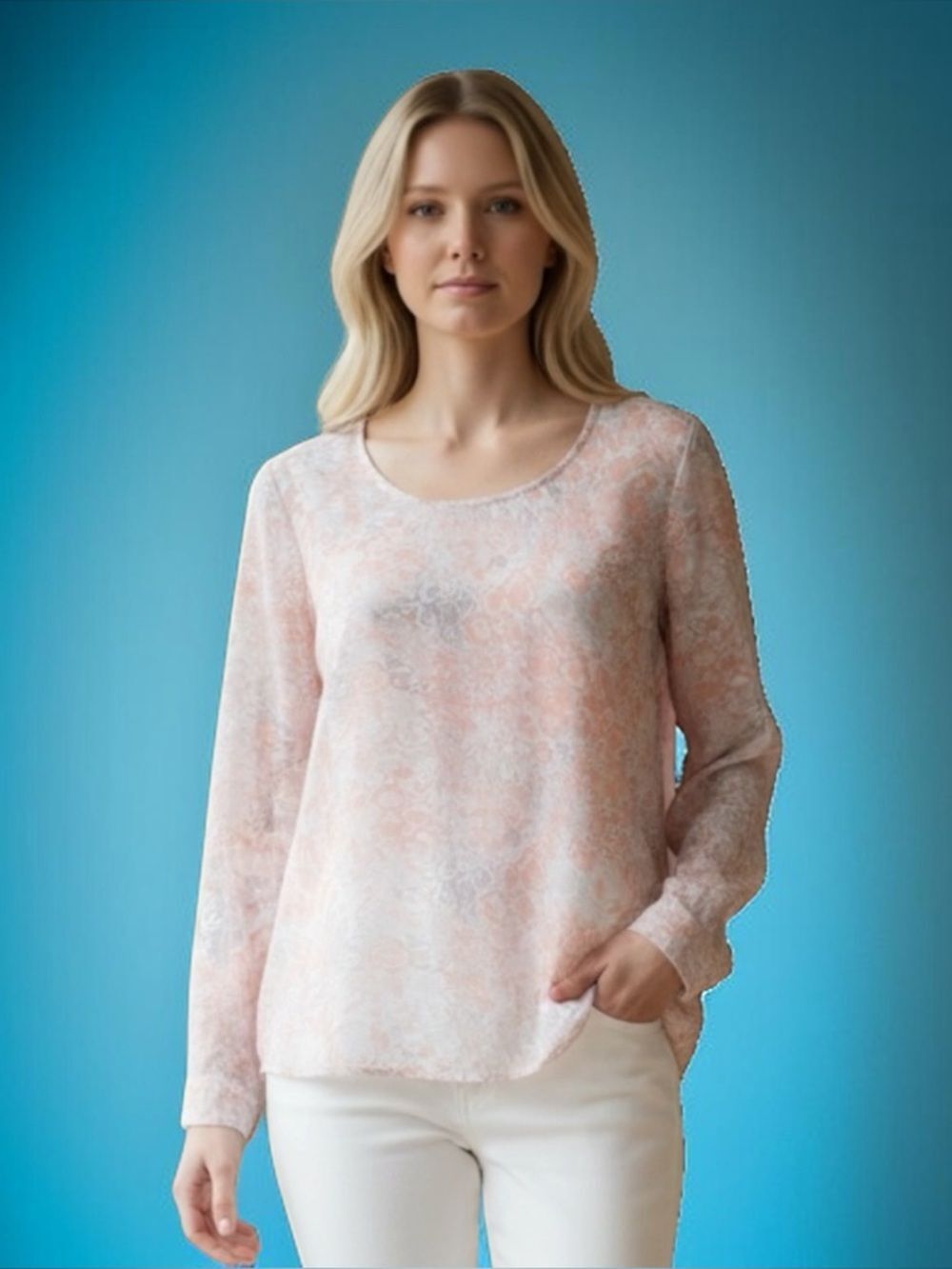 Rose & Olive Pale Pink Sheer Floral-Print Long Sleeve Top Long Sleeves Sz L